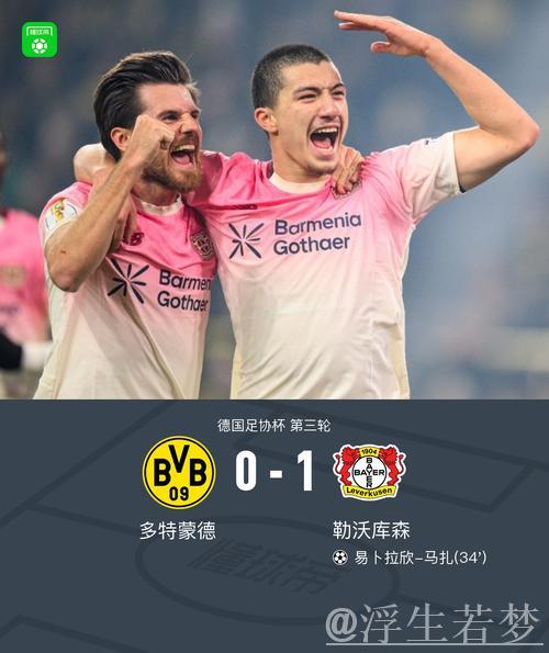 多特0-1勒沃库森无缘德国杯，马扎一击制胜，泰里耶进球被吹